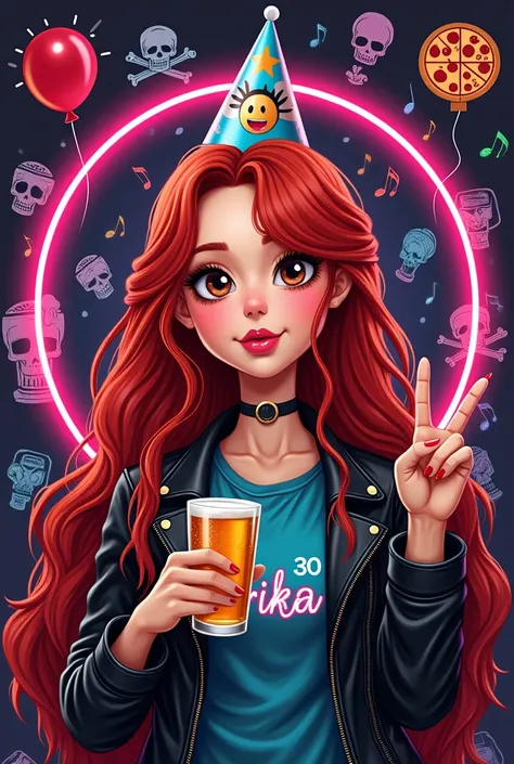 30 year old woman,  birthday cake, design, red-haired,  long hair, red tom, small mouth, face with outline ,  dark brown eyes ,  birthday hat ,  wearing leather jacket written drika ,  holding a beer ,  background of skull emojis and neon musical notes,  h...