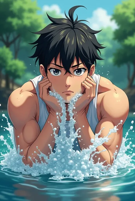 A man outdoor splash cold water on his face . Anime pic look realistic
