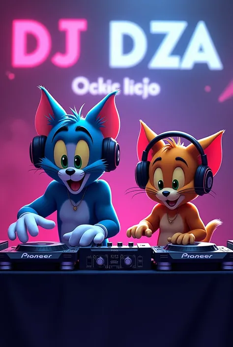 Tom and Jerry are both as edm djs  and djing live on the front of their empty stage at with their headphones on their pioneer dj ddj-rzx with their visuals with their names dj tom and jerry logo on the screen in 2d