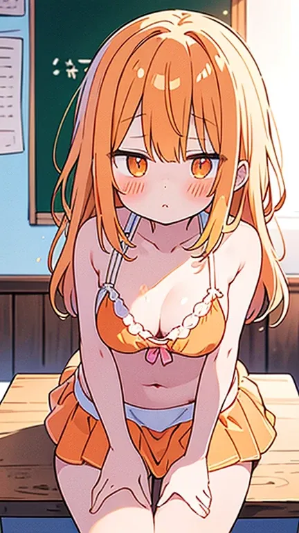 classroom、on the desk、cute light orange bra 、 cute white thong peeking out of a cute light orange miniskirt、barefoot、Raw milk、 Beautiful breasts