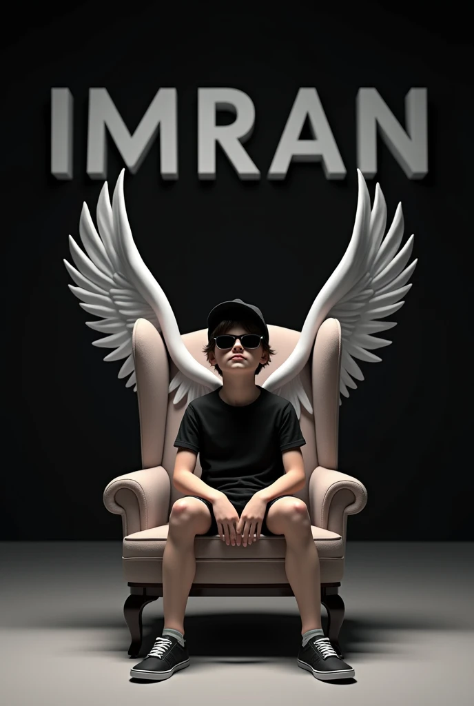 Create 3D illusion picture where a boy in a black shirt sites casually on a wing back chair. Wearing sneakers, a black cricket, and sunglasses, looks ahead. The background features "Imran" in big and capital white font on the black wall. There should not b...