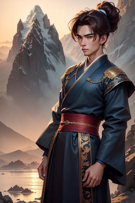 21 year old handsome young man, confident, volumetric lighting, 8k resolution, photorealistic, ultra-high quality, opulent detailed background, medium length dark brown hair, messy ponytail, wearing dark blue hanbok long sleeve clothes, mountain in backgro...