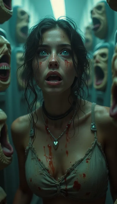 Gorgeous teenage girl, terrified, surrounded by cryo tubes full of monsters, Tears, Wide-Eyed, Scared, Cinematic, Unreal Engine, Award Winning, Anatomically Correct, Masterpiece, Super Detailed, extremely dramatic angle, tiny torn clothes, covered in blood...