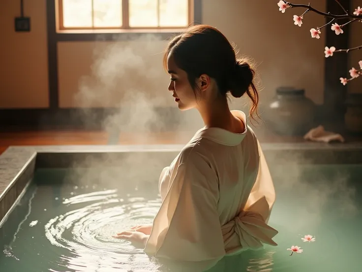 Japan in the Heian Period、 A scene where an aristocrat woman enjoys an elegant bath。 wearing a white yukata 、 Her figure soaking gracefully in hot water 。 cherry blossoms floating around her 、A fantastic atmosphere。 Modest and beautiful silhouette 、Japanes...