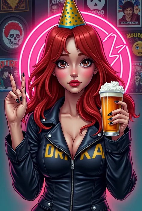 30 year old woman,  birthday cake, design, red-haired,  long hair, red tom, small mouth, face with outline ,  dark brown eyes ,  birthday hat ,  wearing leather jacket written drika ,  holding a beer ,  background of skull emojis and neon musical notes,  h...