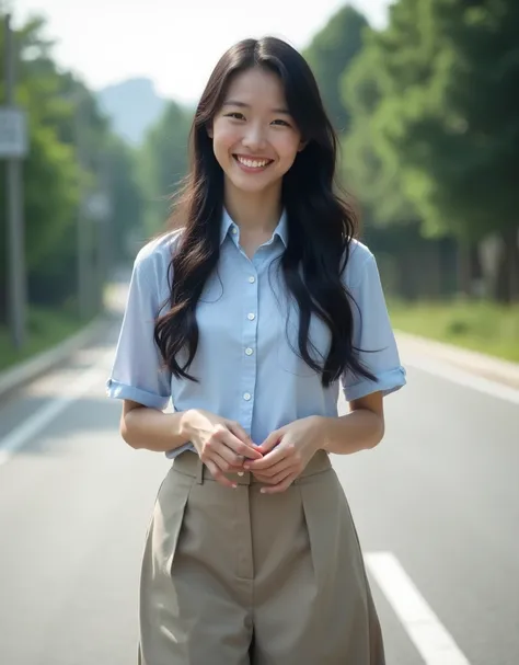  real, photograph,  top quality,  1 girl , 20 years old,  Japanese, Alone, length_hair, Im pointing my finger ,  walking down the road, 黒色のhair, smile,  skirt,  shirt, length_sleeve,  dress, holding, whole body, Model