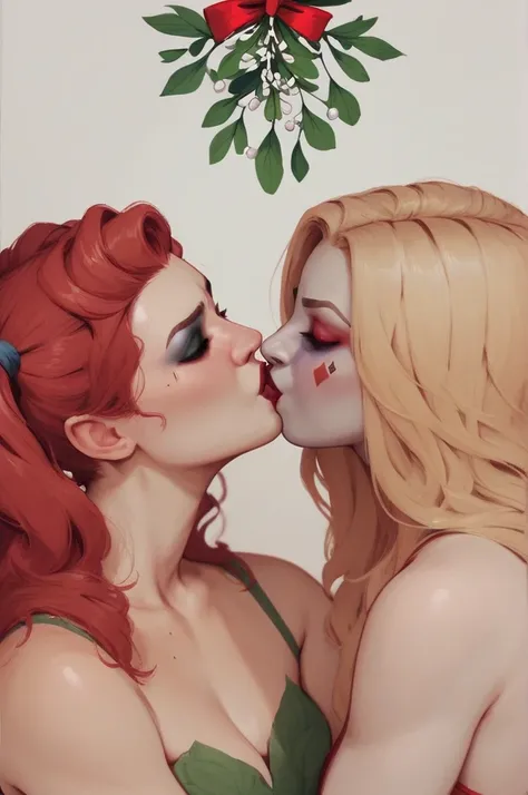 DCs Poison Ivy (with long wavy red hair) and Harley Quinn (with long blonde hair in twintails) kissing under the mistletoe, (NSFW)