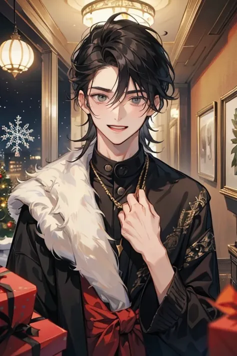 masterpiece,  very detailed, male ,20 years old ,Alone,  black hair,  hair hanging over shoulders ,  disorganized , Fashionable clothes ,  laughing,  stick out of the screen,  Christmas, living,  I have a present, Grey Eyes