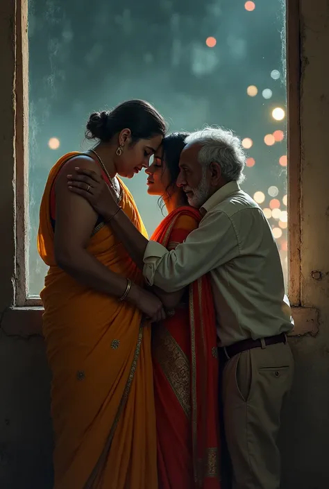 Indian teen widow girl in saree kissing and cuddling and smooching indian two old man in her house. One oldman kissing her lips and second oldman touching her belly. There is wall on window and people celebrating new year outside the window clearly visible