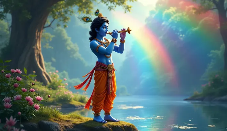 Krishna creating glowing rainbows with his flute, the vibrant arcs blending seamlessly into the natural surroundings and radiating harmony."  Make in cartoon and realistic with cinematic and 16k quality and make his body aesthetic and his body colour shoul...