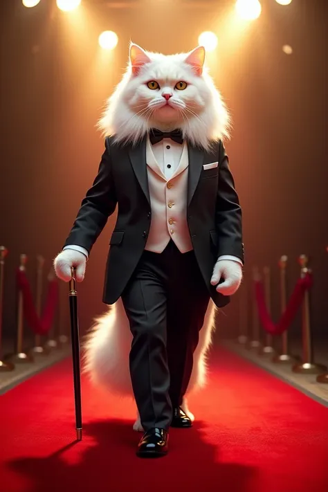 A white Persian cat in a sharp tuxedo, complete with a bow tie, patent leather shoes, and a cane, walking gracefully on a red carpet under bright lights.