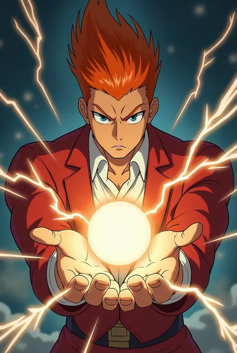  Make an image of an anime character , Who is called yuyu Hakusho ,  the character is called Kuwabara ,  me an image of him making a leigan filled with rays.
