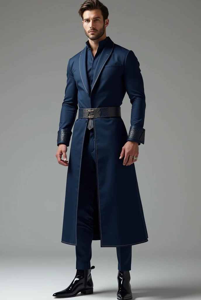 The man wearing the tunic-suit is a striking blend of timeless elegance and modern sophistication. His tunic, the centerpiece of the outfit, is crafted from a rich, silk-blend fabric that catches the light as he moves. The tunic’s tailored fit at the shoul...