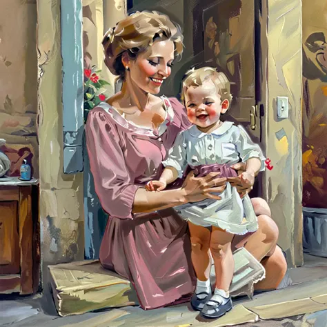 Oil painting, work of art, based on correct anatomy, portrait of mother and son, mother smiling and holding her young son, a scene full of tenderness, simple and retro clothes, poor but cheerful people, inside a shabby house in the downtown area, bright im...