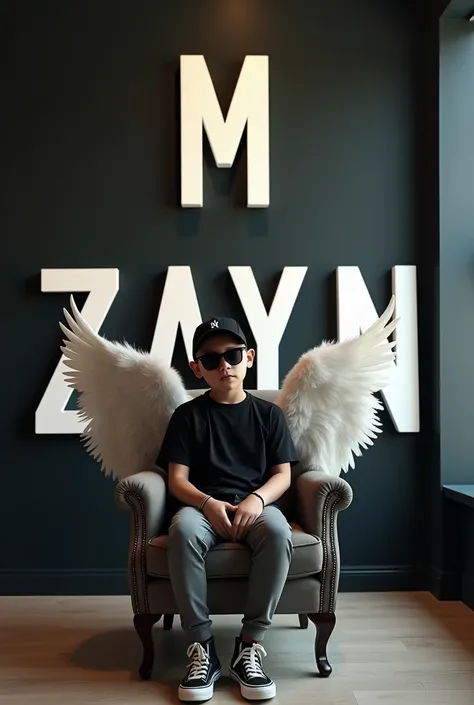 Create 3D illusion picture where a boy in a black shirt sites casually on a wing back chair. Wearing sneakers, a black cricket, and sunglasses, looks ahead. The background features "M Zayn" in big and capital white font on the black wall. There should not ...