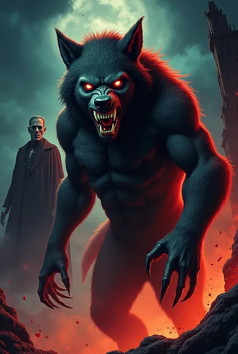 Make a picture of the werewolf ,  Dracula and Frankenstein in the poster style of a movie from the 1950s