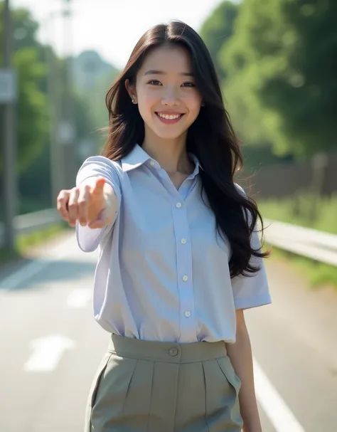  real, photograph,  top quality,  1 girl , 20 years old,  Japanese, Alone, length_hair, Im pointing my finger ,  walking down the road, 黒色のhair, smile,  skirt,  shirt, length_sleeve,  dress, holding, whole body, Model, natural light