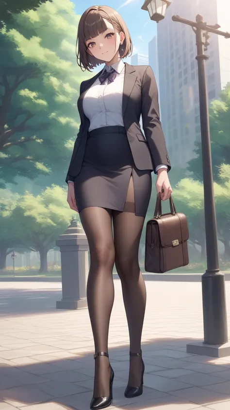 
(( top quality)), ((masterpiece)), (be familiar with)  perfect face　 mature slender woman 、brown middle hair、 hairstyle that sticks out one leg is one length that doesnt make bangs、one-length cut / blunt cut、Manga style illustration、Office Style、 business...