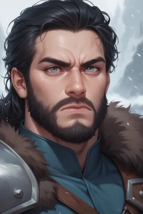 a hardened warrior, early 40s, beard, worn, angry, medium length messy black hair, handsome, grey eyes, cold expression, 