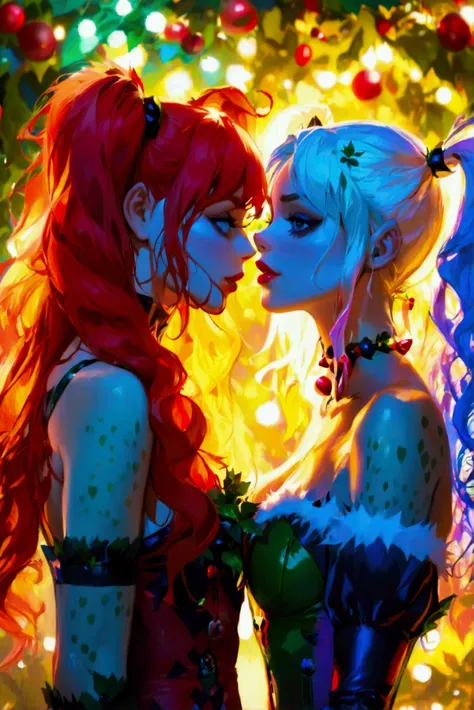 DCs Poison Ivy (with long wavy red hair) and Harley Quinn (with long blonde hair in twintails) kissing under the mistletoe, (NSFW)