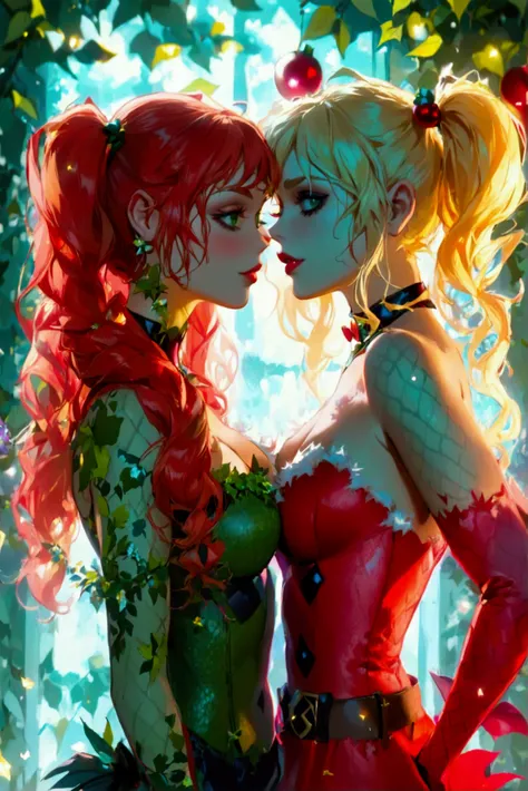 DCs Poison Ivy (with long wavy red hair) and Harley Quinn (with long blonde hair in twintails) kissing under the mistletoe, (NSFW)