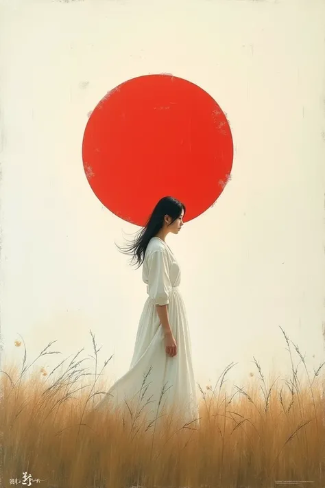 Very simple oil painting, minimal, Japanese flag, modern, brushs, grunge, Japanese writings, Japanese woman in the field, white cream background, textures, oil textures, sun