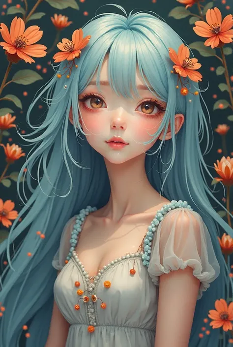 Art Nouveau, Abstract, illustration, anime, soft, cel-shaded aesthetic and rich colors. beautiful girl, long flowing Powder blue hair adorned with various flowers. Art Nouveau-inspired floral motif that frames the scene beautifully. The artwork demands ult...