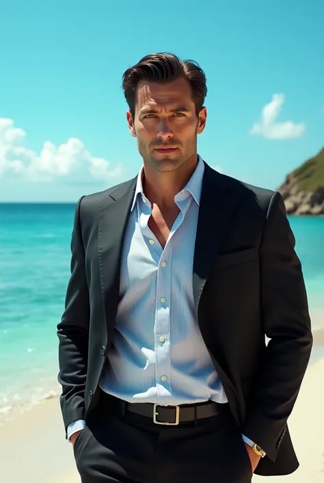 Ganarat a image handsome man  man, with poursous, white Blue Shirt , black sute and,  standing in blue sea bich