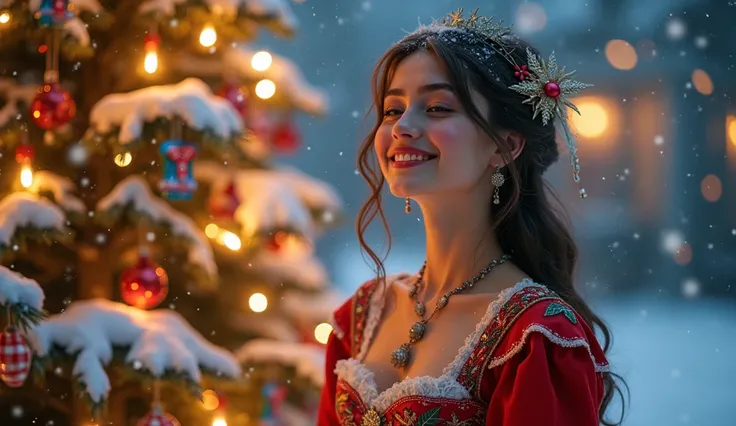 a very cute lady wering a christmas dree and enjoying christmas night snow fall and christmas tree lighting 