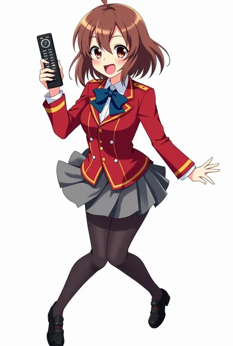 Teenage anime girl with red blazer and deep blue ribbon and gold lines and gold buttons and gray skirt and black tights and black leather shoes with full forehead and feet and a white background and with a television remote with an expression of joy and ne...