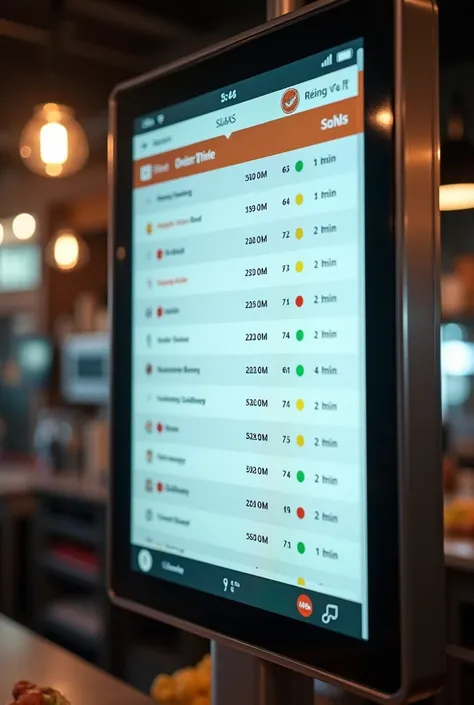  create an image of a screen of the size of a computer screen in the kitchen of a local ,  that on this screen you can see a list of names with delivery times next to each one, for example that some have 30 minutes (in green color), others that have 1 hour...