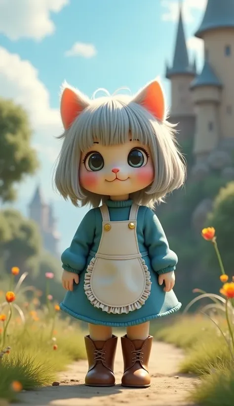 3D Cute Kitten、 cute cat standing on its back legs、silver bob hair wig 、 blue long sleeve dress with white apron、Brown lace-up boots、Howls Moving Castle in the background 、Ghibli、Dreamland、 realistic 