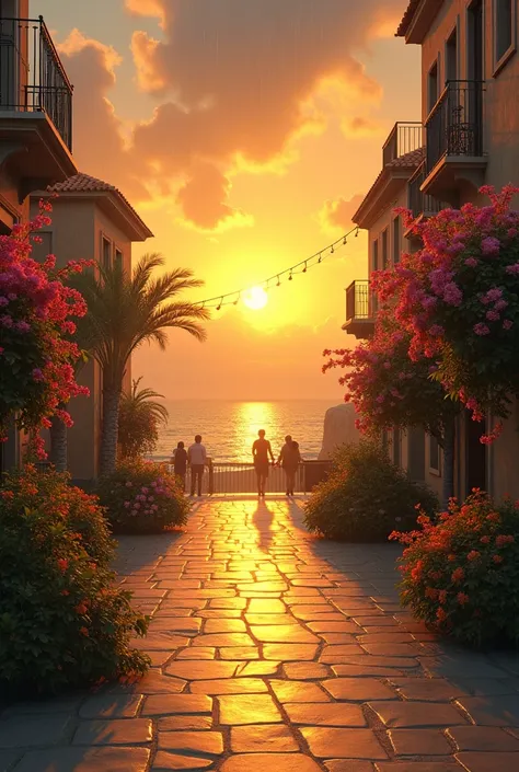 Oil painting of a sunset in a Mediterranean city on the seashore, with many flowers and no people, The afternoon is rainy and you can see the sun, Elegant atmosphere, many details, Render Lumion 8K, Render the architecture of the unreal engine , many detai...