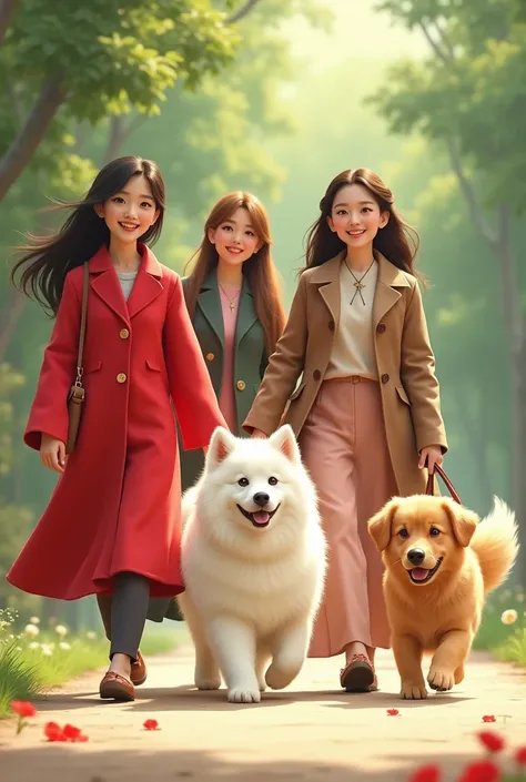  A cute white Samoyed dog wearing a bright red long coat and a golden retriever are taking a walk with a Japanese actress, a beautiful woman, and a woman with brown twin tail long hair　真っ赤なロングコートを着ている