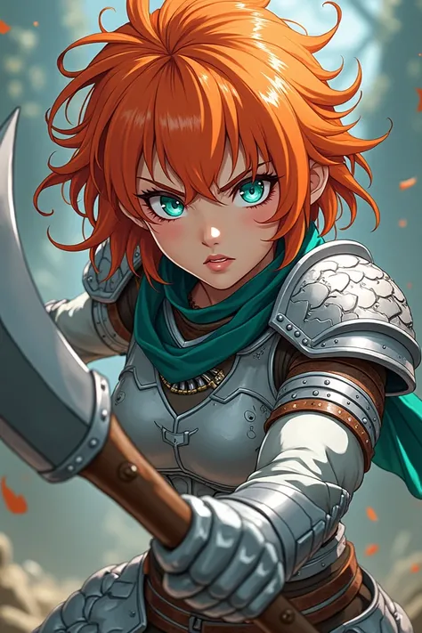 you、 you can create an anime-style female character with short hair,  uncontrollable bright orange hair , Turquoise eyes, A rebellious and fierce expression ,  wearing silver armor with a snake motif ., Draw a curve、With an axe