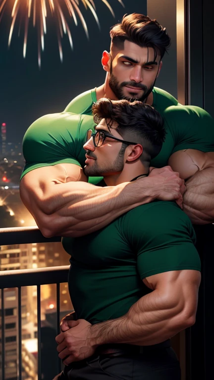 2 indian man doing kissing, masterpiece, best quality, highres, face close up shot, ultra detailed, ((wide angle)), middle-aged men, muscular, daddy, hunk physique, beefy, burly, manly, really tall, black hair, short hair, beard, kissing and hugging each o...