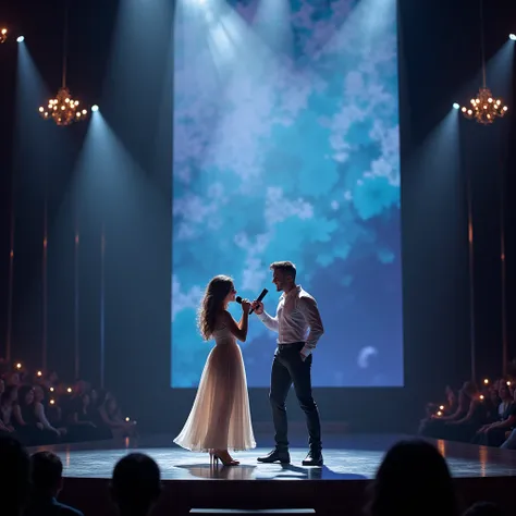 A beautiful female singer and a beautiful male singer singing on a big stage with microphone in hand. There is a big giant screen background. The stage is like a big auditorium.They are stranding beside the screen 