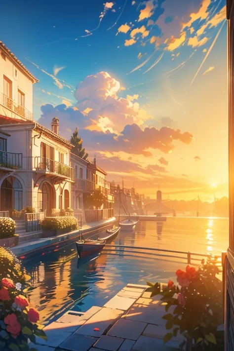 Oil painting of a sunset in a Mediterranean city on the seashore, with many flowers and no people, The afternoon is rainy and you can see the sun, Elegant atmosphere, many details, Render Lumion 8K, Render the architecture of the unreal engine , many detai...