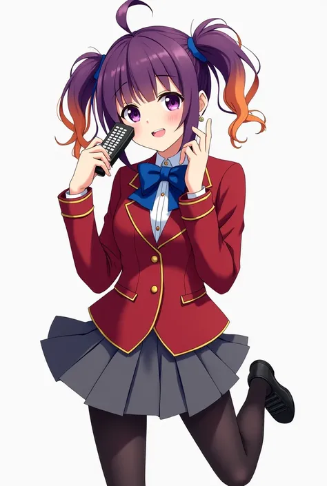 Teenage anime girl with purple hair and with orange pigtails and purple eyes and with a red blazer and deep blue ribbon and gold lines and gold buttons and gray skirt and black tights and black leather shoes with full forehead and feet and a white backgrou...