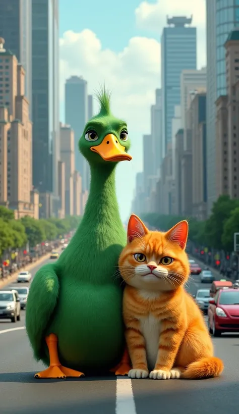 Giant green duck and giant orange cat crying in middle of highway backdrop in middle of metropolis realistic 3d Pixar image