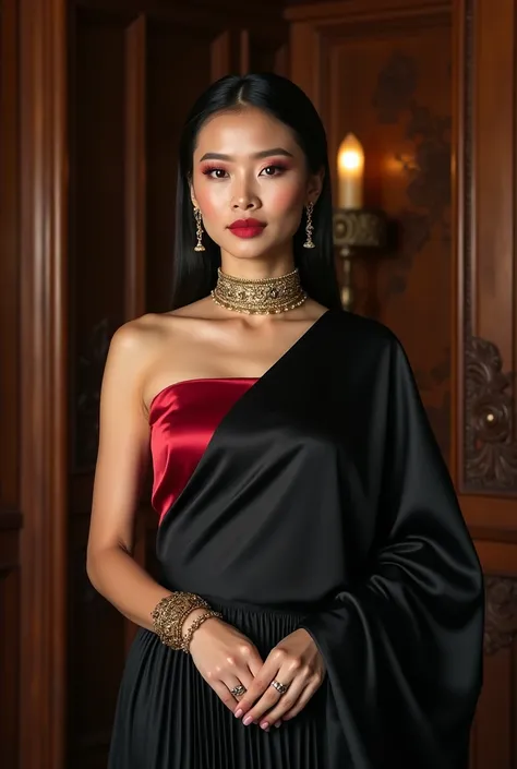 "Portrait of a Thai royal villainess in elegant traditional Thai costume:
Thai Costume Details:

Plain luxurious black silk Sbai (สไบผ้าไหมสีดำเรียบ)
Deep red silk breast cloth (เสื้อห่มสไบสีแดงเข้ม)
Traditional Thai pleated skirt (ผ้าถุงจีบ) in matching b...