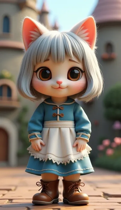 3D Cute Kitten、 cute cat standing on its back legs、silver bob hair wig 、 Brown Eyes 、 blue long sleeve dress 、white waistband apron 、Brown lace-up boots、Howls Moving Castle in the background 、Ghibli、Dreamland、 realistic 