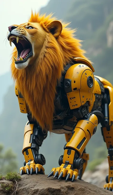 A regal creation of nature and technology, this hybrid combines the majestic frame and golden mane of a lion with the sleek, armored body and advanced weaponry of a robot warrior. Its roar is both natural and mechanical, a sound that inspires awe and terro...