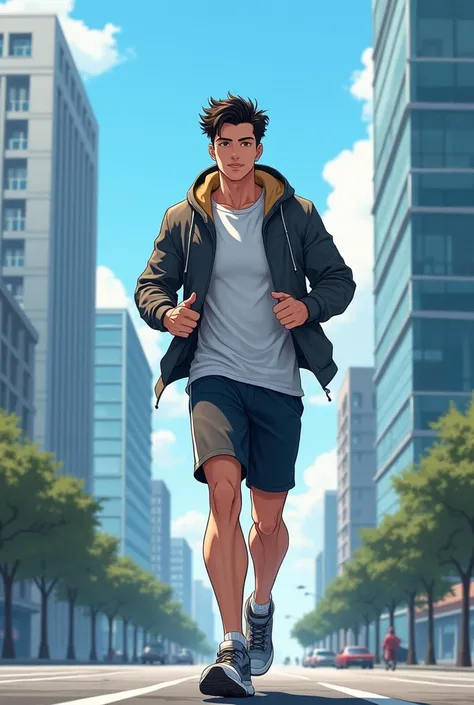 A man take brisk walk . Anime pic look realistic