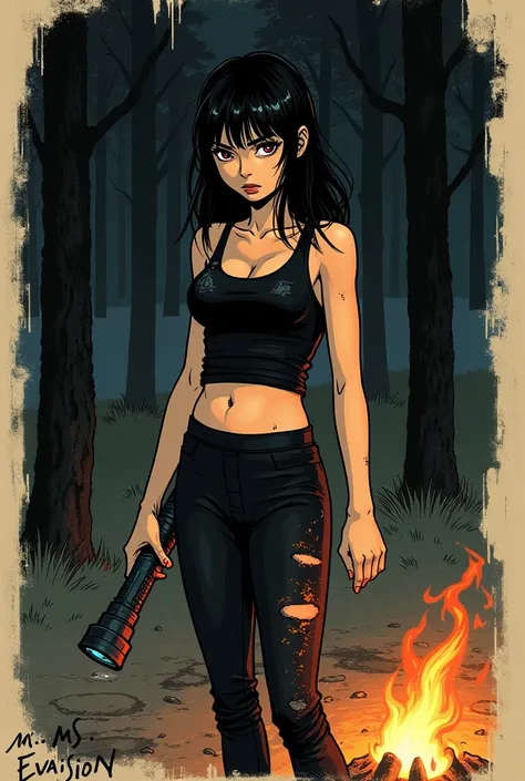 In the style of Junji Ito, Junji ito Manga type image, girl, tight black tank top crop top, black leggings, serious, determined, medium length hair, long bangs, carrying a flashlight in her left hand, slightly dirty, slightly injured, clothes slightly torn...