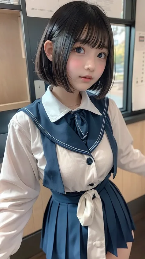 ((( very cute girl)))、Junior high school students、uniform、 bob cut 、 underbust pose