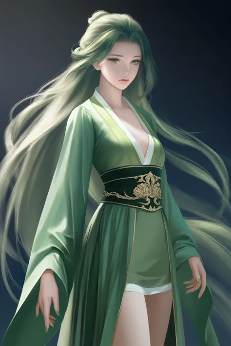 green hair ,green hanfu, small breasts, very long hair, expressionless, masterpiece, best quality, realistic, 8k, official art, cinematic light, ultra high res, perfect female body, sharp focus, guofeng, 1girl, solo, chinese clothes, realistic, nail polish...