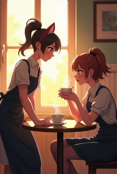 NoeNoe Hears the Truth
Description: A bright café interior during the day. The waitress, wearing an apron, leans toward NoeNoe with a hesitant expression. NoeNoe, seated at a table, holds her coffee cup mid-air, her face filled with shock and confusion.