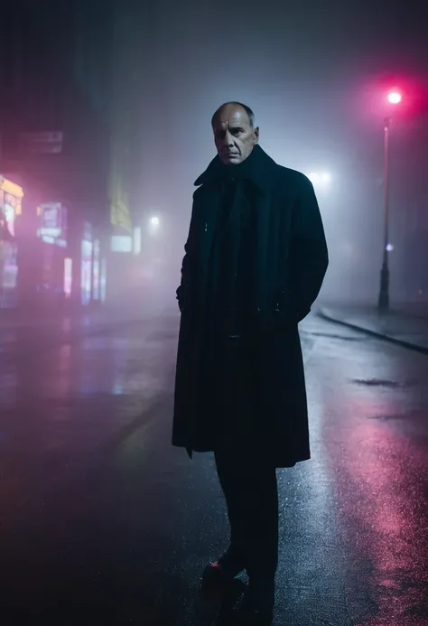 city street, neon, fog, volumetric, closeup photo of 50 y.o man in dark clothes, serious face