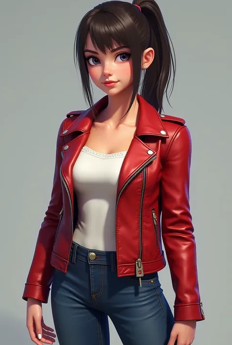  Create digital art of a character feminine inspired by the artistic style of the game GTA Online.  The character must have a hairstyle similar to the reference image ,  including a side fringe and a ponytail .  She must wear a red leather jacket with meta...